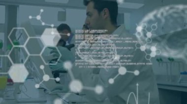 Çeşitli kadın ve erkek laboratuvar çalışanları üzerinde bilimsel verilerin animasyonu. Bilim, insan biyolojisi, teknoloji ve dijital arayüz konsepti dijital olarak oluşturulmuş video.