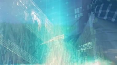 Rüzgar türbini ve alan üzerinde veri işleme animasyonu. Enerji, yenilenebilir kaynaklar, veri işleme ve teknoloji konsepti dijital olarak oluşturulmuş video.