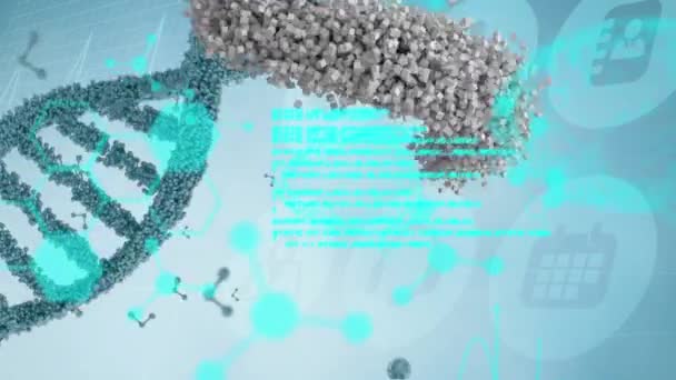 青色デジタル背景のヒトモデル上のDnaと多様なデータ処理のアニメーション 人間生物学 テクノロジー デジタルインターフェースの概念がデジタルで生成されたビデオ — ストック動画