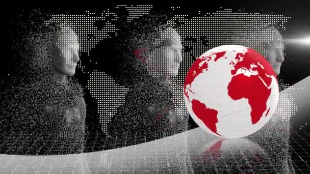 Animación Globo Mapa Del Mundo Sobre Modelos Humanos Sobre Fondo — Vídeos de Stock