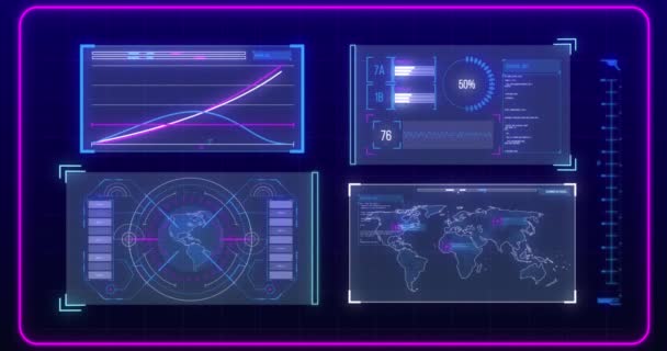 蓝色背景下的数据处理动画 全球商业 连接和数字视频接口概念 — 图库视频影像