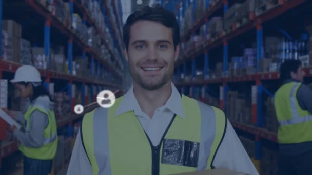 Animation Network Connections Icons Smiling Diverse Workers Warehouse Global Business — Vídeo de stock