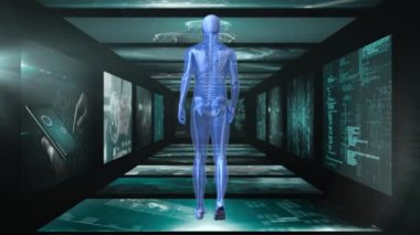 Veri işleme ve siyah arka planda insan animasyonu. küresel iş, finans, bağlantılar ve dijital arayüz konsepti dijital olarak oluşturulmuş video.