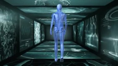 Veri işleme ve siyah arka planda insan animasyonu. küresel iş, finans, bağlantılar ve dijital arayüz konsepti dijital olarak oluşturulmuş video.