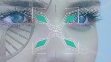 Kafkas kadınının gözlerinin üzerinde şekiller ve DNA iplikçikleri. küresel teknoloji, bağlantılar ve dijital arayüz konsepti dijital olarak oluşturulmuş video.
