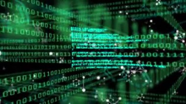 Siyah arka planda şekil ve veri işleme animasyonları. küresel teknoloji, bağlantılar ve dijital arayüz konsepti dijital olarak oluşturulmuş video.