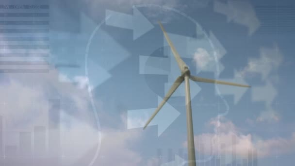 Animação Flechas Gráficos Sobre Turbinas Eólicas Movendo Sobre Céu Com — Vídeo de Stock