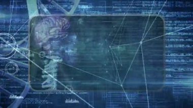 Donanma arkaplanı üzerinden simgeler ve veri işleme ağlarının animasyonu. küresel bağlantılar, dijital arayüz, teknoloji ve ağ konsepti dijital olarak oluşturulmuş video.