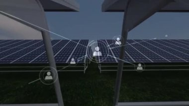 Şehir manzarası üzerindeki simgeler ve veri işleme ağlarıyla bağlantıların animasyonu. küresel bağlantılar, dijital arayüz, teknoloji ve ağ konsepti dijital olarak oluşturulmuş video.