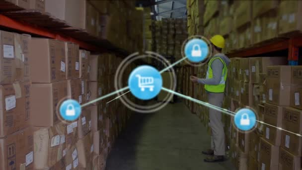 Animation Network Connections Icons Warehouse Worker Global Connections Business Digital — Vídeo de stock