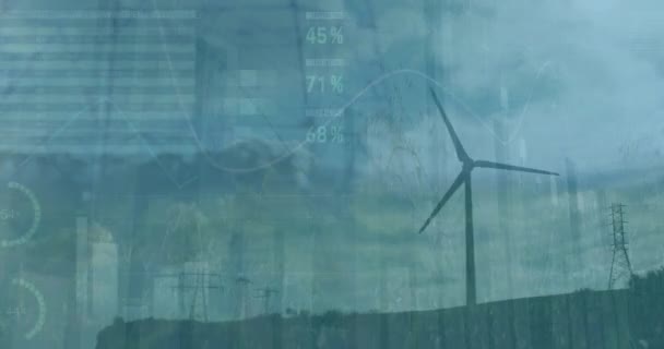 Animatie Van Gegevensverwerking Iconen Boven Windmolen Mondiale Verbinding Digitale Interface — Stockvideo