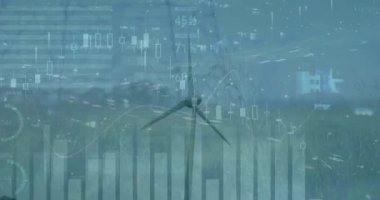Yel değirmeni üzerinde veri işleme animasyonu. küresel bağlantı, dijital arayüz, ekoloji, enerji konsepti dijital olarak oluşturulmuş video.