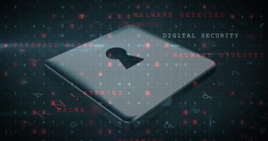 Karanlık arka plandaki veri işleme üzerinde asma kilit animasyonu. küresel iletişim ve veri güvenliği konsepti dijital olarak oluşturulmuş video.