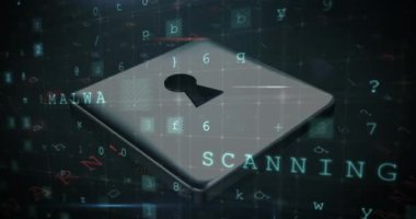 Karanlık arka plandaki veri işleme üzerinde asma kilit animasyonu. küresel iletişim ve veri güvenliği konsepti dijital olarak oluşturulmuş video.
