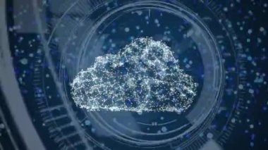 Mavi arkaplanda noktalarla hareket eden sayma ve bulut animasyonu. küresel internet güvenliği, veri işleme, bağlantılar ve dijital arayüz konsepti dijital olarak oluşturulmuş video.