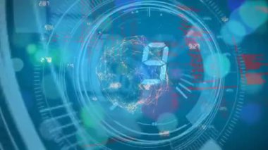 Mavi arkaplanda noktalı sayma, daireler ve veri işleme animasyonu. küresel internet güvenliği, veri işleme, bağlantılar ve dijital arayüz konsepti dijital olarak oluşturulmuş video.