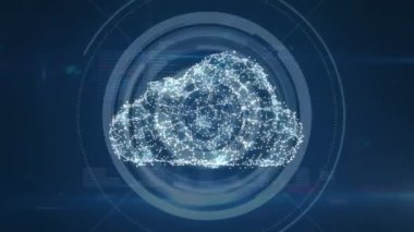 Dijital bulutların animasyonu ve dönen dairelerle mavi arkaplan üzerindeki asma kilit. küresel internet güvenliği, veri işleme, bağlantılar ve dijital arayüz konsepti dijital olarak oluşturulmuş video.