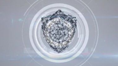 Gri zemin üzerinde dönen dairelerle dijital kalkanın animasyonu. küresel internet güvenliği, veri işleme, bağlantılar ve dijital arayüz konsepti dijital olarak oluşturulmuş video.