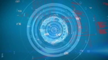 Dairelerin animasyonu, bağlantı ağı ve çeşitli verilerle mavi arkaplan üzerinde numaralar. internet, bilgisayarlar, veri işleme, bağlantılar ve dijital arayüz kavramı dijital olarak gen
