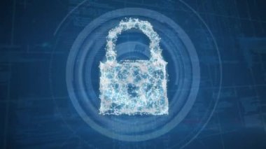 Mavi arkaplan üzerinde dönen dairelerle dijital asma kilit animasyonu. küresel internet güvenliği, veri işleme, bağlantılar ve dijital arayüz konsepti dijital olarak oluşturulmuş video.