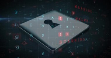 Karanlık arka plandaki veri işleme üzerinde asma kilit animasyonu. küresel iletişim ve veri güvenliği konsepti dijital olarak oluşturulmuş video.