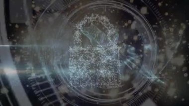 Sayma ve işleme çemberleri ile siyah arkaplan üzerindeki dijital asma kilidin animasyonu. küresel internet güvenliği, veri işleme, bağlantılar ve dijital arayüz kavramı dijital olarak oluşturulmuş vide