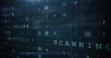 Karanlık arka plandaki veri işleme üzerinde asma kilit animasyonu. küresel iletişim ve veri güvenliği konsepti dijital olarak oluşturulmuş video.