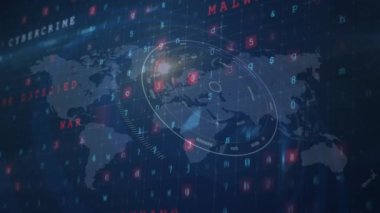 Mavi zemin üzerinde dijital kalkan animasyonu dönen daireler, sayılar ve dünya haritası. küresel internet güvenliği, veri işleme, bağlantılar ve dijital arayüz kavramı dijital olarak oluşturuluyor