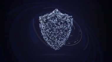 Siyah zemin üzerinde dönen dairelerle dijital kalkanın animasyonu. küresel internet güvenliği, veri işleme, bağlantılar ve dijital arayüz konsepti dijital olarak oluşturulmuş video.
