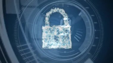 Mavi arka planda dijital asma kilit animasyonu, sayım ve daireler. küresel internet güvenliği, veri işleme, bağlantılar ve dijital arayüz konsepti dijital video.