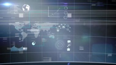 Dünya haritası ve çeşitli verilerle mavi arkaplan üzerindeki bozulma animasyonu. küresel bağlantılar, teknoloji ve dijital arayüz konsepti dijital olarak oluşturulmuş video.
