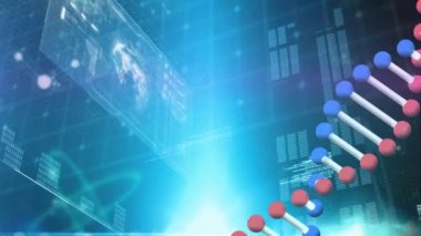 Uzayda dönen DNA zincirinin animasyonu ve ekranlarda çeşitli veriler. Bilim, insan genetiği ve teknoloji konsepti dijital olarak üretilen video.