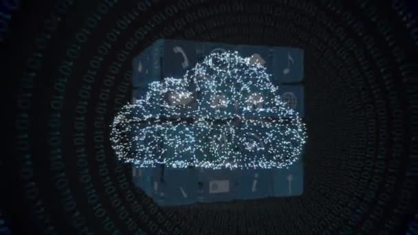 黒の背景にテクノロジーアイコンで作られた雲とキューブのアニメーション インターネット クラウドコンピューティング データ処理 デジタルインターフェースの概念がデジタルで生成されたビデオ — ストック動画