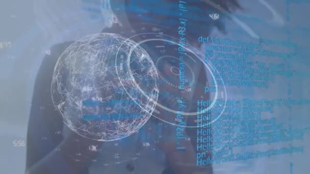 Animation Rotating Globe Diverse Data Biracial Woman Using Smartphone Internet — Stock Video