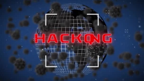 Animering Hacka Över Jordklotet Roterande Över Blå Bakgrund Med Virus — Stockvideo