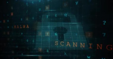 Karanlık arka plandaki veri işleme üzerinde asma kilit animasyonu. küresel iletişim ve veri güvenliği konsepti dijital olarak oluşturulmuş video.