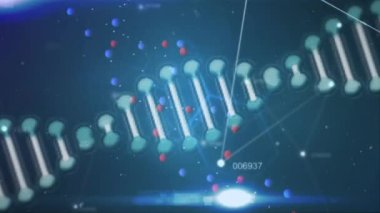 Donanma arka planında altıgenlerle dönen DNA zincirinin animasyonu. Bilim, insan genetiği ve teknoloji konsepti dijital olarak üretilen video.