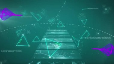 Pembe dalgaların üçgenler üzerindeki animasyonu ve ekranlardaki çeşitli veriler. Bilim, insan biyolojisi ve teknoloji konsepti dijital olarak üretilen video.