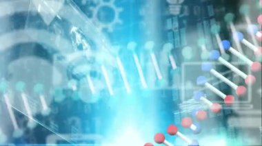 Dijital uzayda ikonlar ve veriler üzerinde dönen DNA zincirinin animasyonu. Bilim, insan genetiği ve teknoloji konsepti dijital olarak üretilen video.