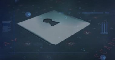 Karanlık arka plandaki veri işleme üzerinde asma kilit animasyonu. küresel iletişim ve veri güvenliği konsepti dijital olarak oluşturulmuş video.