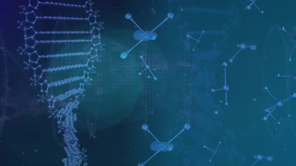 青色の背景に分子を回転させるDna鎖のアニメーション 人間の遺伝学 テクノロジーの概念をデジタルで生成し — ストック動画