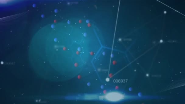 Dna链在蓝色背景上旋转的动画 带有形状和数字 人类遗传学和技术概念数码视频 — 图库视频影像