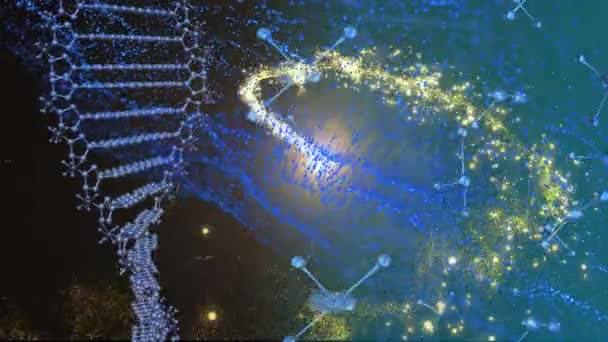 青色と黒色の空間で分子や光を回転させるDna鎖のアニメーション 人間の遺伝学 テクノロジーの概念をデジタルで生成し — ストック動画