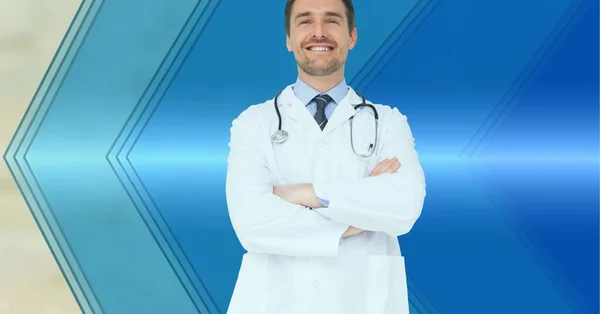 Sammansättning Leende Manliga Läkare Labbrock Och Stetoskop Med Kopieringsutrymme Medicin — Stockfoto