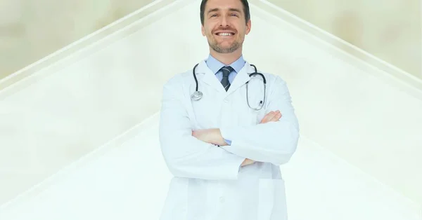 Skład Uśmiechniętego Lekarza Fartuchu Laboratoryjnym Stetoskopie Przestrzenią Kopiowania Koncepcja Usług — Zdjęcie stockowe