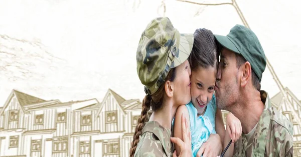 Composition Smiling Male Soldiers Kissing Daughter House Background Patriotism Armed — Stock Photo, Image