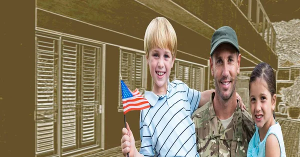 Složení Usměvavého Mužského Vojáka Svými Dětmi Americkou Vlajkou Domem Pozadí — Stock fotografie