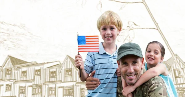 Složení Usměvavého Mužského Vojáka Svými Dětmi Americkou Vlajkou Domem Pozadí — Stock fotografie