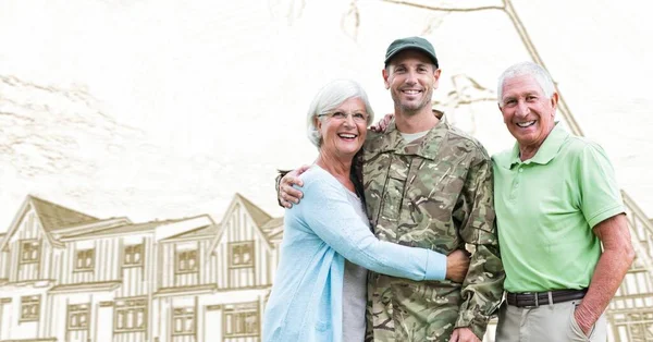 Composition Smiling Male Soldier His Parents House Background Patriotism Armed — Stock Photo, Image