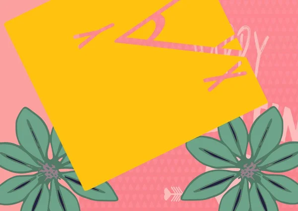 Sammansättning Gult Kort Med Kopieringsutrymme Och Växter Rosa Bakgrund Sommar — Stockfoto